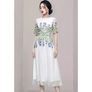 Feiman White Floral Chiffon Midi Dress Short Sleeve Blue Embroidery Size M